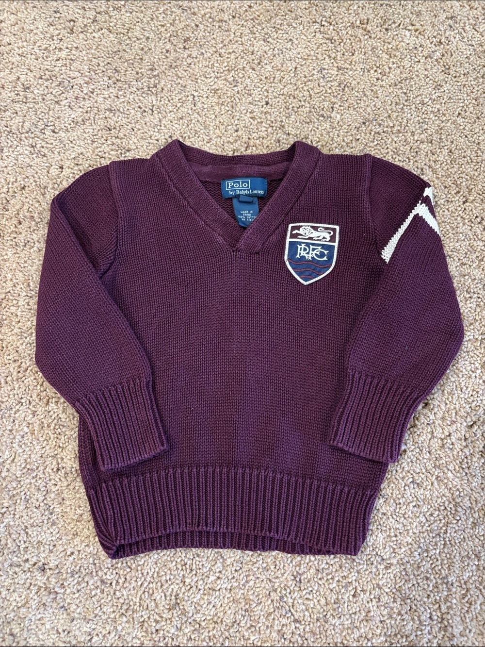 Polo by Ralph Lauren Kids Burgundy V-Neck Sweater with Crest